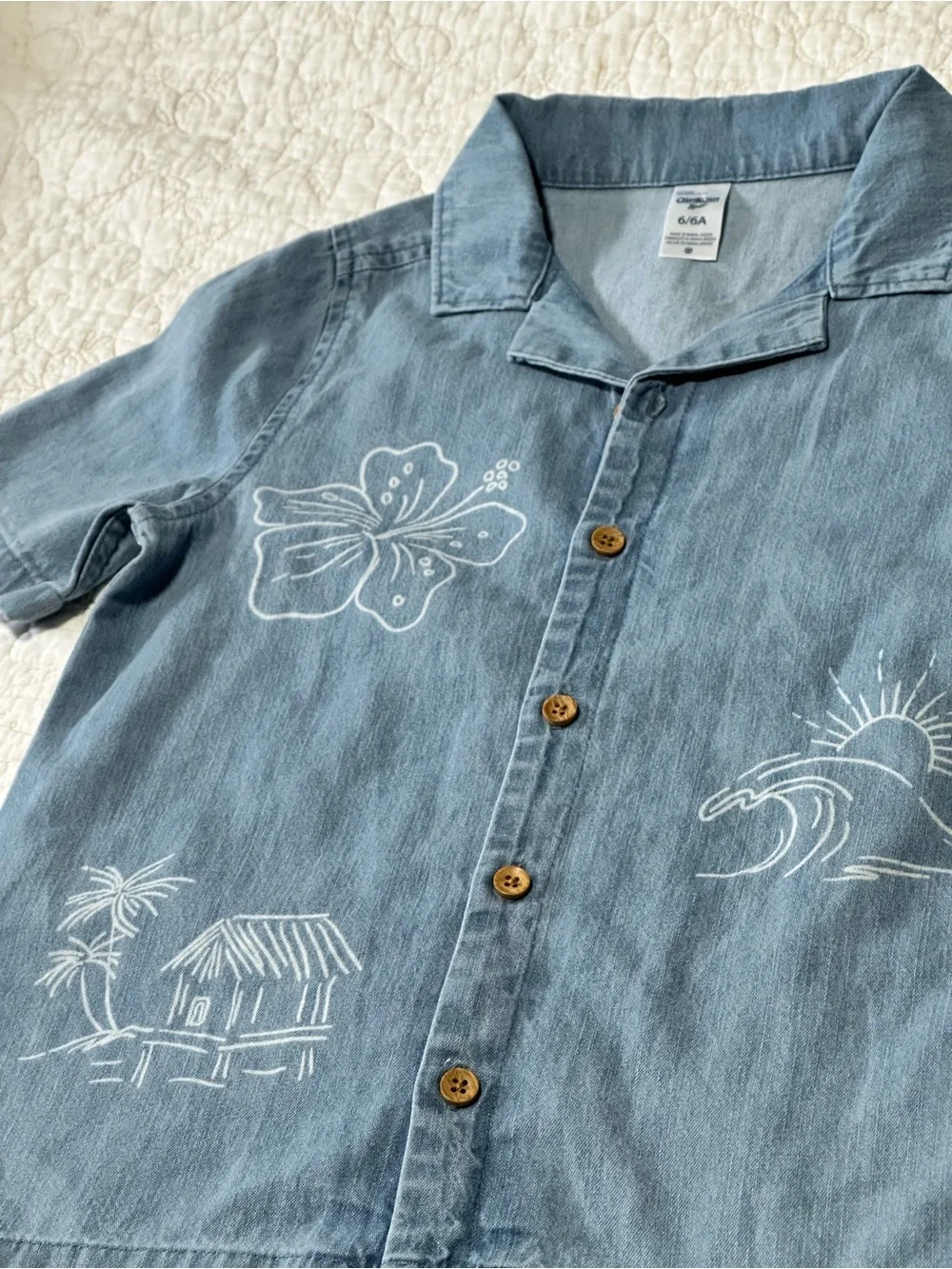 OshKosh B'gosh Light Blue Denim Short-Sleeve Shirt Jacket with tropical graphics